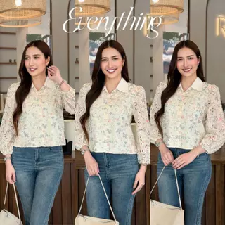 Everything2019 เสื้อผู้หญิงคอปก แขนยาว งานลูกไม้ฉลุ มีซับใน ดีไซน์เก๋ ใส่ทำงาน ใส่งานบุญ (2117)