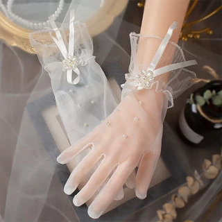💃ถุงมือลูกไม้เจ้าสาวสไตล์วินเทจ ตกแต่งโบว์ผ้า ดอกไม้ไข่มุก สําหรับชุดแต่งงาน สำหรับเจ้าสาว งานแต่งงาน ถ่ายรูป