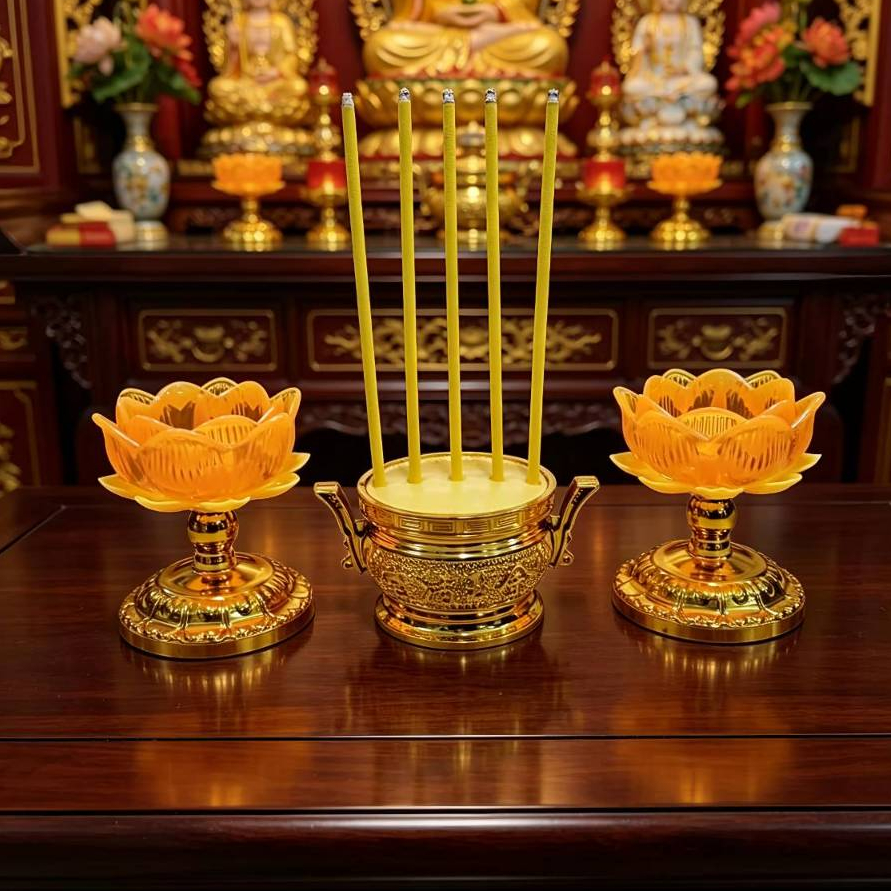 【ยกชูด】กระถางธูป+เชิงเทียนดอกบัว เทียน LED ดอกบัว ปลอดภัยไร้ควัน ใส่ถ่าน ไร้ควัน ธูป 5ดอก No.3565  4617 2826 LZ