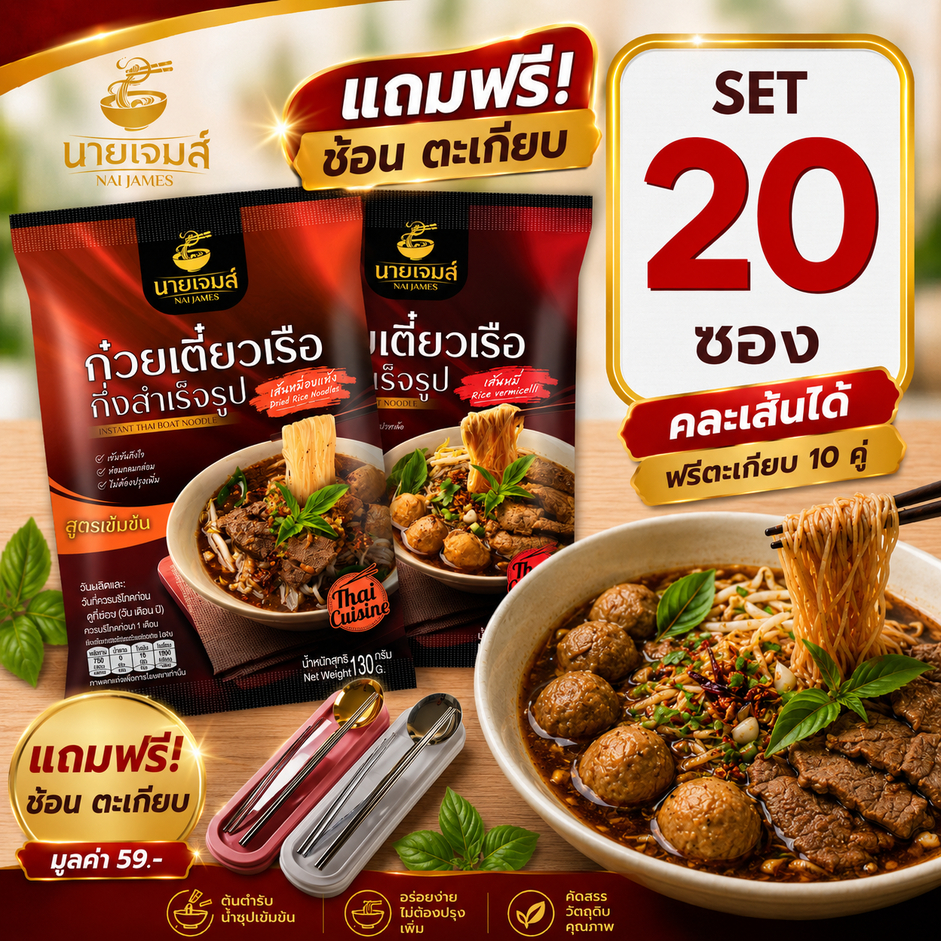 (แถมฟรี!!)(อิสลามทานได้)NaiJames นายเจมส์ ก๋วยเตี๋ยวเรือกึ่งสำเร็จรูป สูตรต้นตำหรับ 20 ซอง