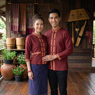เสื้อพื้นเมืองคู่ แต่งเทปภูไทแขนยาว ผ้าฝ้ายเกรดA เนื้อนุ่มใส่สบาย
