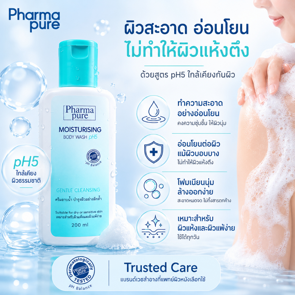 PharmaPure Moisturizing Body Wash 1000 ml ครีมอาบน้ำสูตรอ่อนโยน บำรุงผิวให้เนียนนุ่ม ชุ่มชื้น