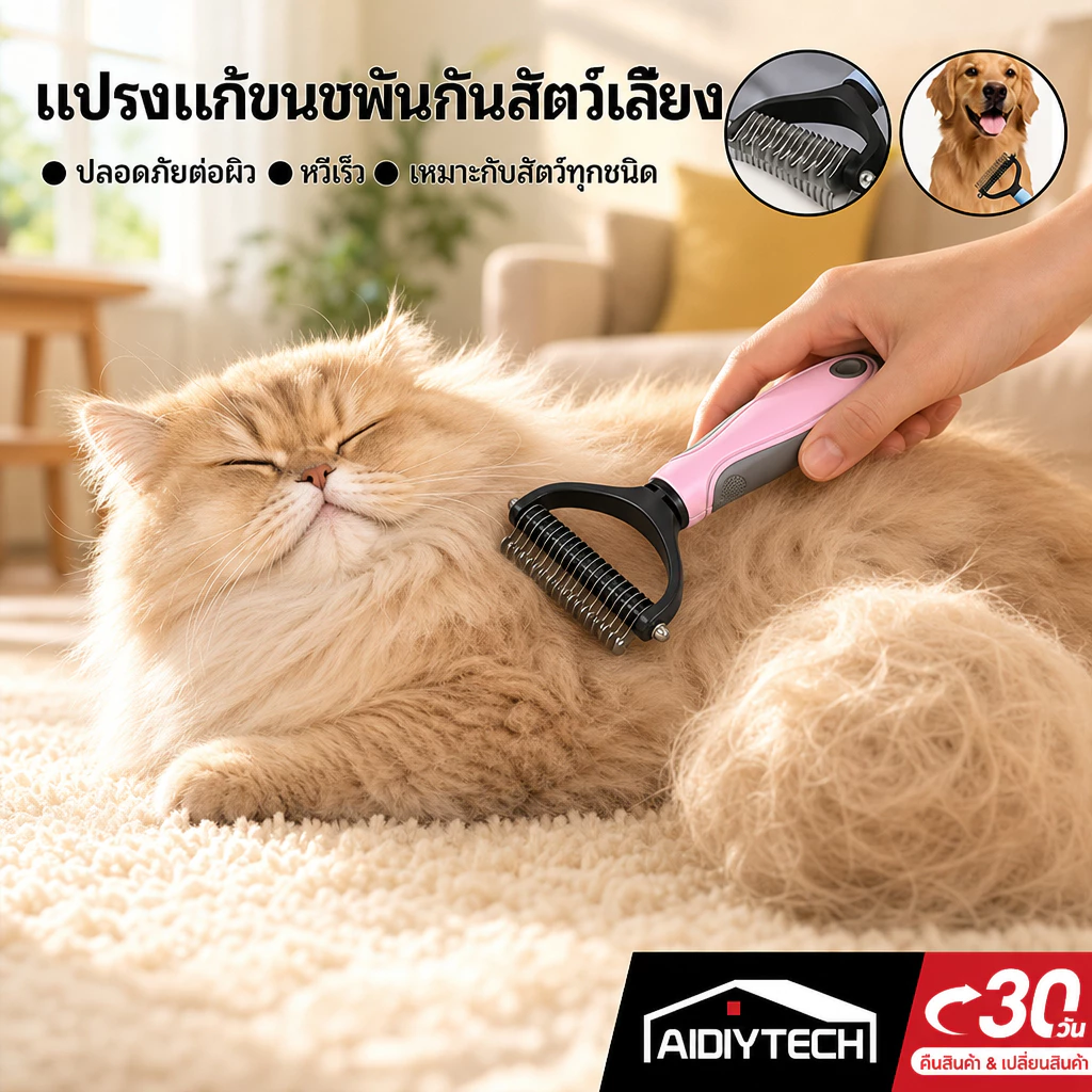 แปรงสางขนแมว หวีสุนัข หวีแปรงขนสัตว์เลี้ยง แก้ขนพันกันเป็นสังกะตัง สางขนร่วงหลุดง่าย ไม่เจ็บผิว [ส่งด่วนจากไทย]