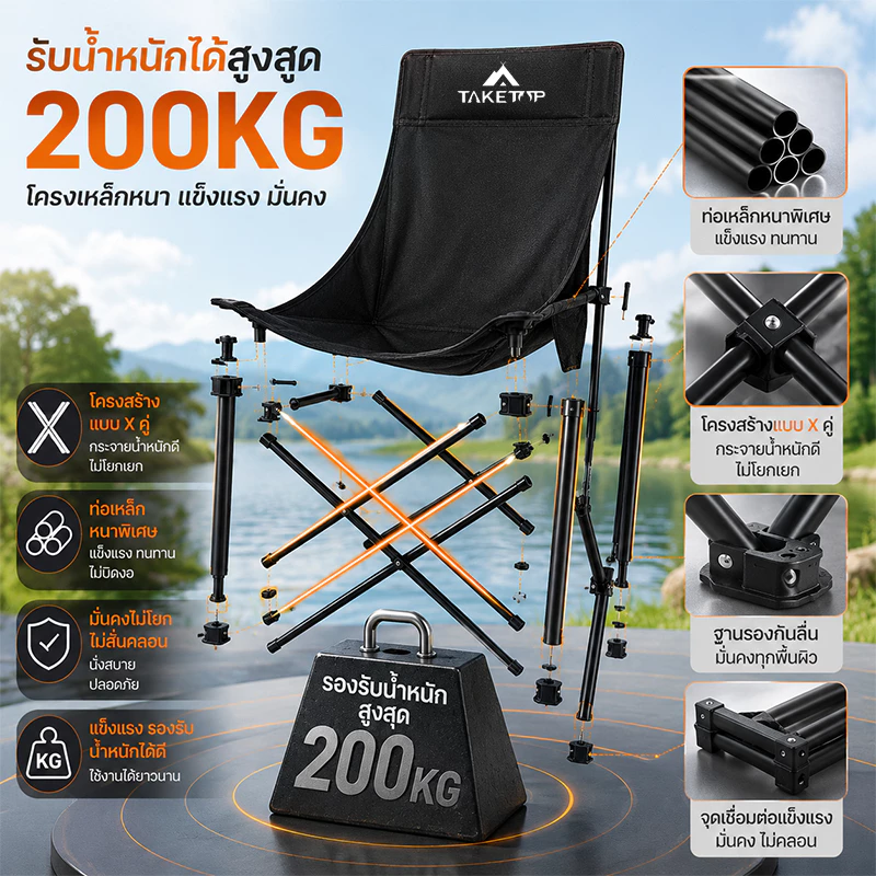 เก้าอี้แคมป์ปิ้ง พนักพิงสูง พับได้ พกพา รับน้ำหนัก 300KG แถมถุงเก็บ thumbnail 7