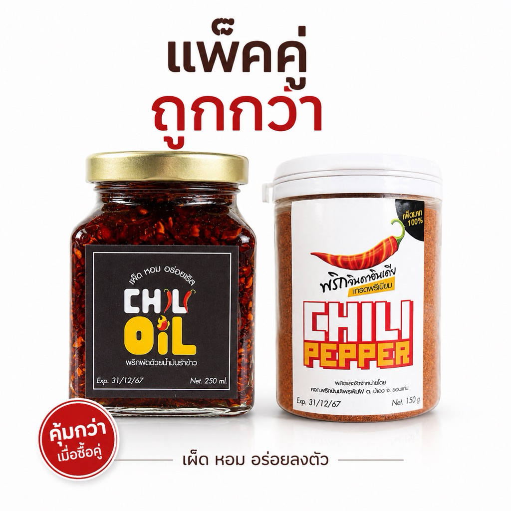 🌶️ พริกป่นมังกรพ่นไฟ แพ็คคู่ พริกผัดน้ำมันรำข้าว + พริกป่นละเอียดพรีเมียม เผ็ด หอม อร่อยลงตัว(ปุกแก้ว+ฝาขาว)
