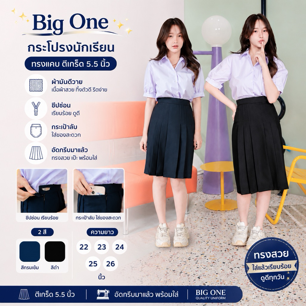 กระโปรงนักเรียนทรงแคบ สีกรมเข้ม-สีดำ ยาว 22-26นิ้ว ตีเกร็ด 5.5 นิ้ว ผ้ามันดีวาย มีกระเป๋าลับ กระโปรมอปลาย (มีบิลให้)