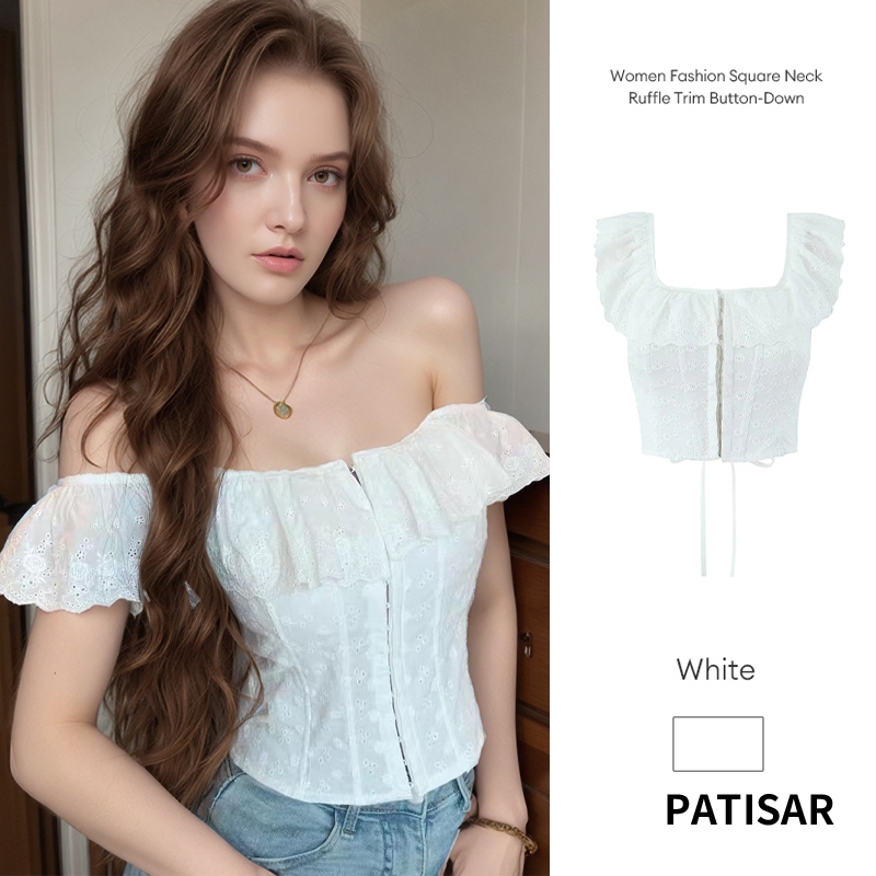 เสื้อเชิ้ตผู้หญิง คอเหลี่ยม แต่งระบาย ติดกระดุม เหมาะสำหรับลุคเซ็กซี่ เอวเข้ารูป PR
