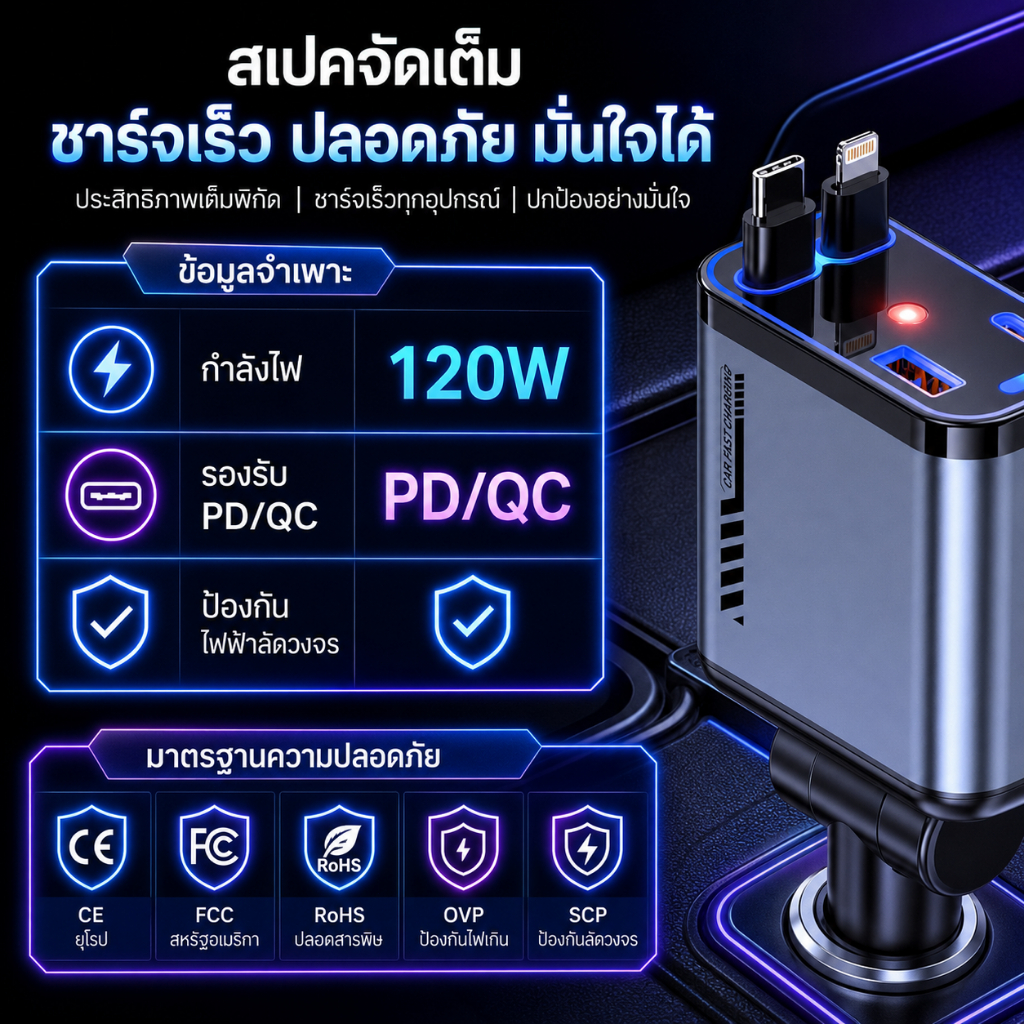 🔥 PD120W ชาร์จเร็วพิเศษ เครื่องชาร์จในรถยนต์ 4IN1 สายชาร์จหดได้ Type-C Lightning USB รองรับ iPhone Android