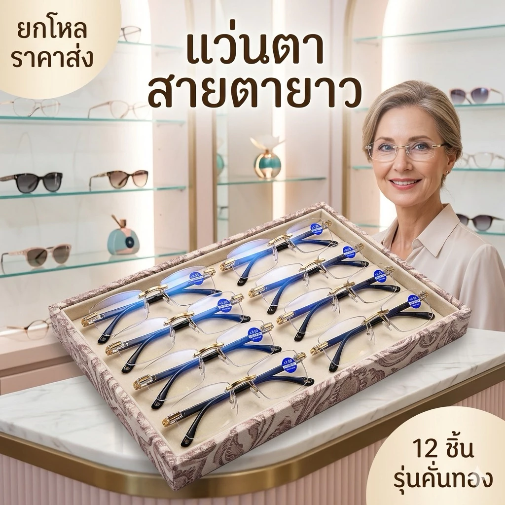 🌷ยกโหล🌷แว่นสายตายาว ป้องกันแสงสีฟ้า แว่นอ่านหนังสือ ใส่สบาย ไร้ขอบ น้ำหนักเบา ค่าสายตา +100 - +400【พร้อมส่งในไทย】