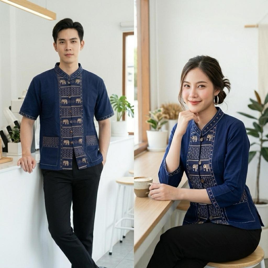 เสื้อผ้าฝ้ายลายช้าง ใส่คู่ชายหญิง งานปักมือ ผ้าฝ้ายลำพูน ใส่เที่ยวใส่ทำงาน เสื้อพื้นเมือง