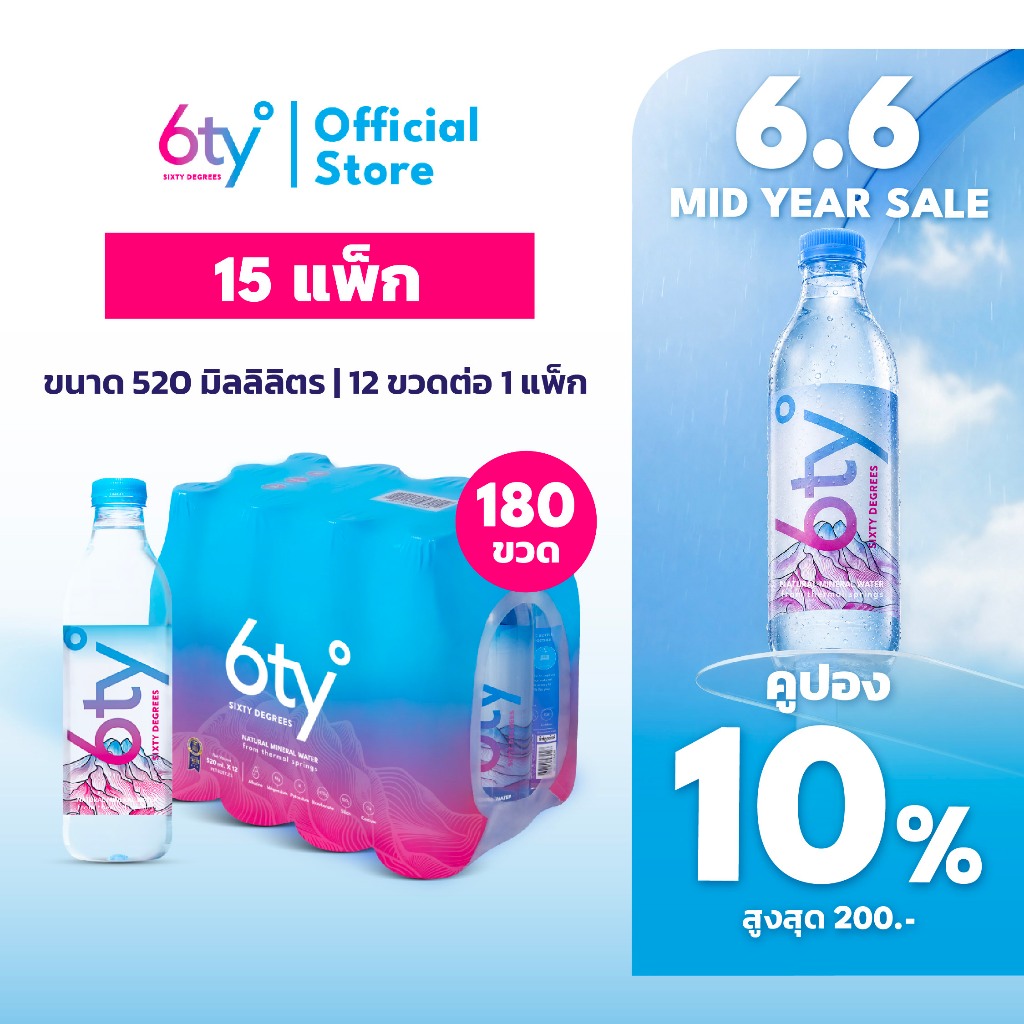 [ส่งฟรี] 520ml 15 แพ็ก 180 ขวด นํ้าแร่ 6ty Degrees Mineral Water น้ำแร่ธรรมชาติ 100% จากแหล่งน้ำแร่เชียงดาว