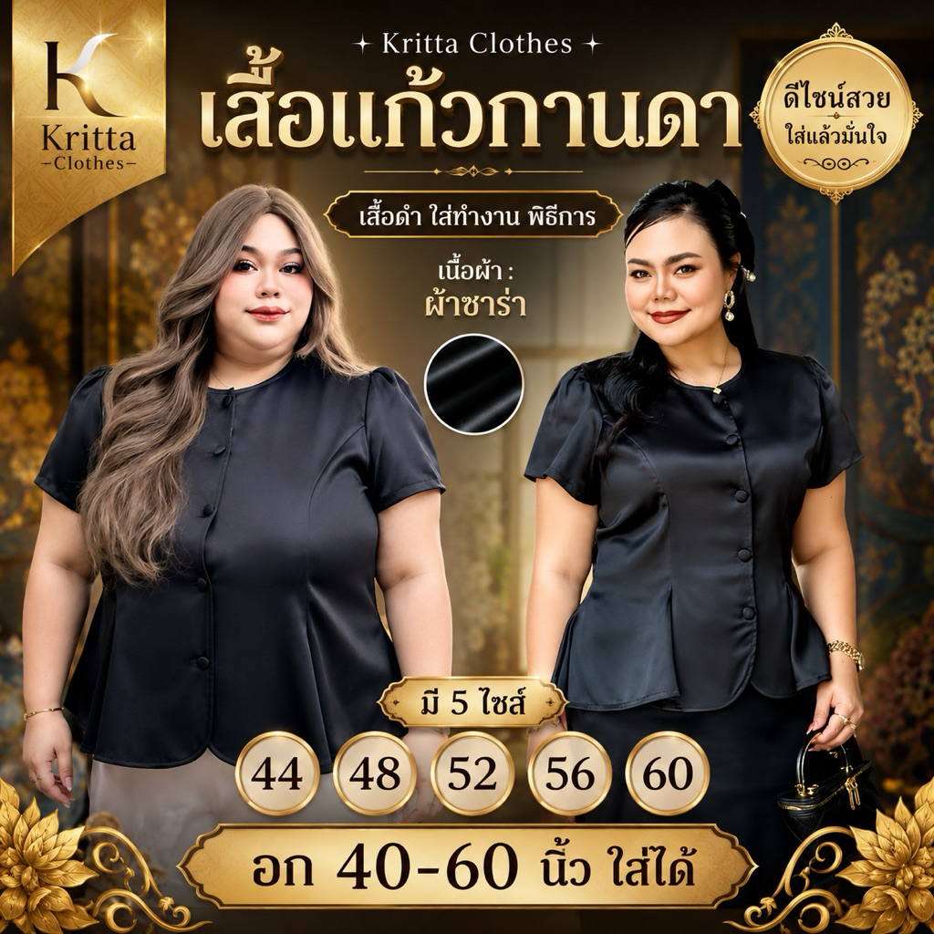 เสื้อแก้วกานดา เสื้อผ้าไทย สีดำ ไวอาลัย ไซส์ใหญ่ อก 40-60 นิ้ว