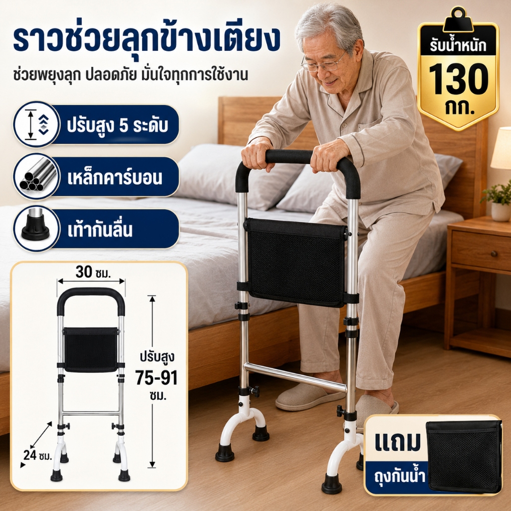 อุปกรณ์ช่วยเหลือผู้สูงอายุ ราวกั้นอเนกประสงค์พร้อมที่เท้าแขน สำหรับข้างเตียง โซฟา และห้องน้ำ เพิ่มความปลอดภัยทุกการเคล