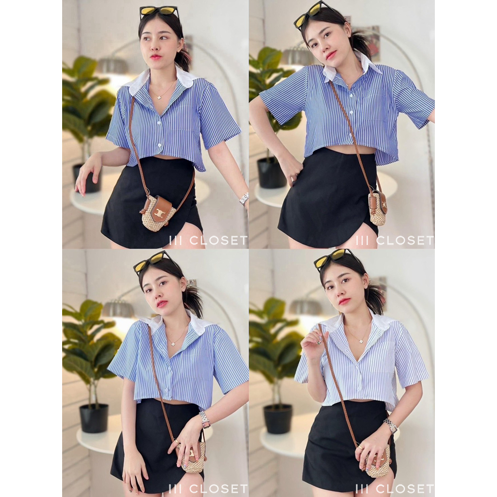 เสื้อเชิ้ตครอป lll Freesize lll NE004 คอปก แขนสั้น ลายทาง กระดุมหน้า ดีเทลคอปกขาวแต่งกระเป๋าข้าง เนื้อผ้าคอตตอนอย่างดี