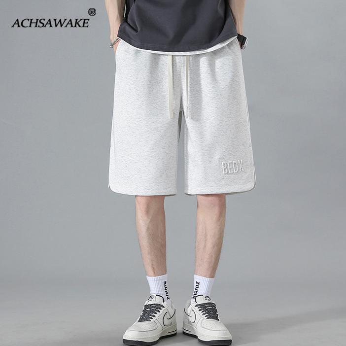 ACHSAWAKE ผู้ชายกางเกงขาสั้นผู้ชายสีเทากางเกงลำลองตรงกีฬา ที่มีสไตล์ไม่ซับซ้อน