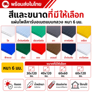 แผ่นโพลีคาร์บอเนตแบบกลวง 6 มม. แผ่นหลังคาโปร่งแสง แผ่นกันแดด น้ำหนักเบา ตัดแต่งง่าย ใช้ทำกันสาด โรงเรือน หลังคา