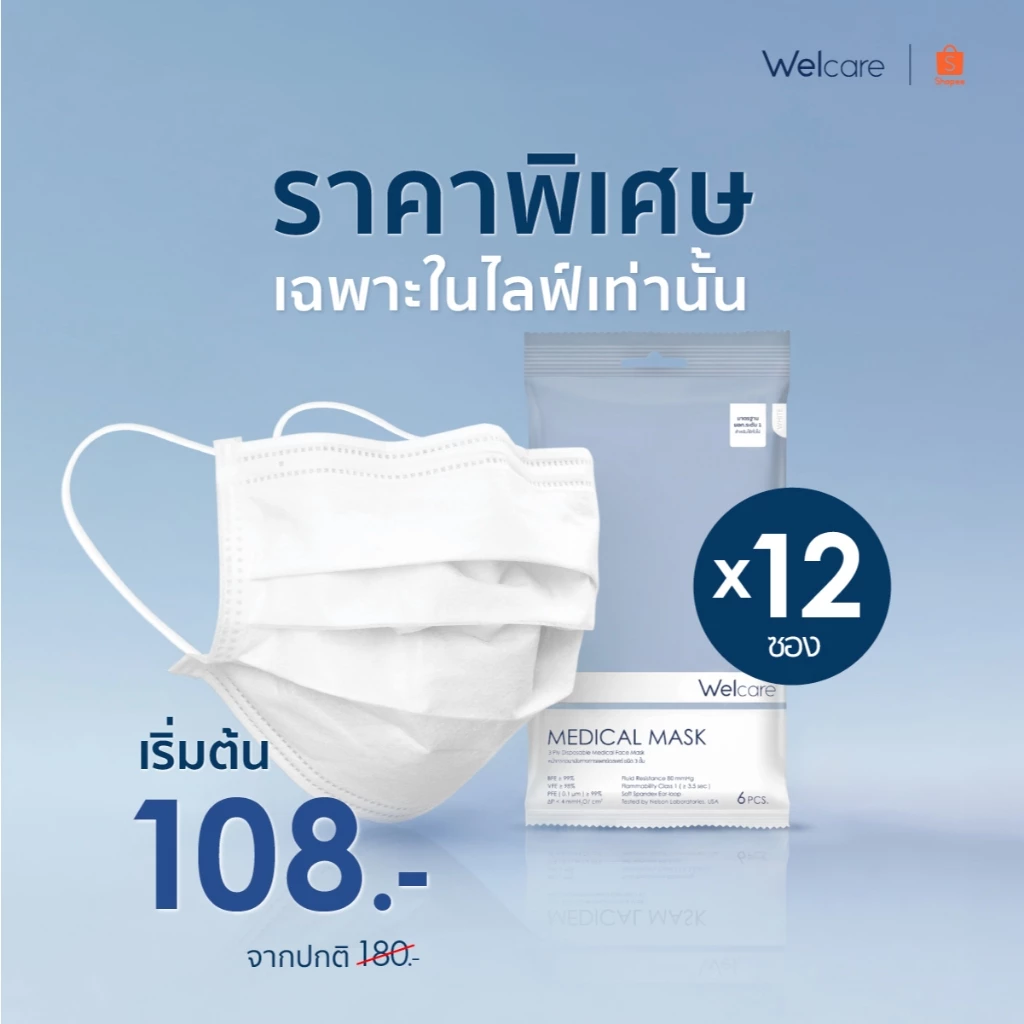 [Official] หน้ากากอนามัย Welcare ทางการแพทย์ 3 ชั้น ระดับ 1 ช่วยป้องกันฝุ่น PM2.5 6 ชิ้น/ซอง (แพ็ค12ซอง)