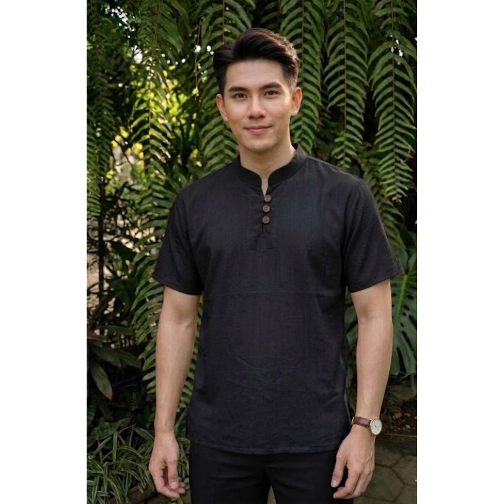 เสื้อพื้นเมือง เสื้อพื้นเมืองชาย สีดำ ผ้าฝ้ายเนื้อนิ่ม คอจีน แขนสั้น ใส่สบายมาก ไม่หนาไม่บาง