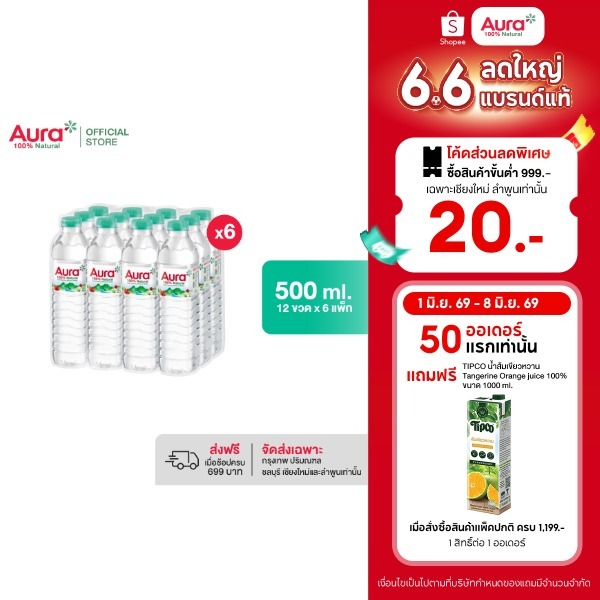 [ส่งกทม.และปริมณฑล ชลบุรี เชียงใหม่ ลำพูนเท่านั้น] [6 แพ็ค] - AURA ออรา น้ำแร่ธรรมชาติ 100% 500 ml x 12 ขวด