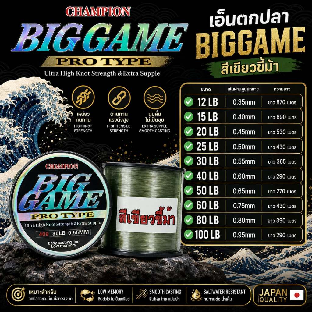 [พร้อมส่ง]เอ็นตกปลา  BIGGAME biggame  สีเขียวขี้ม้า