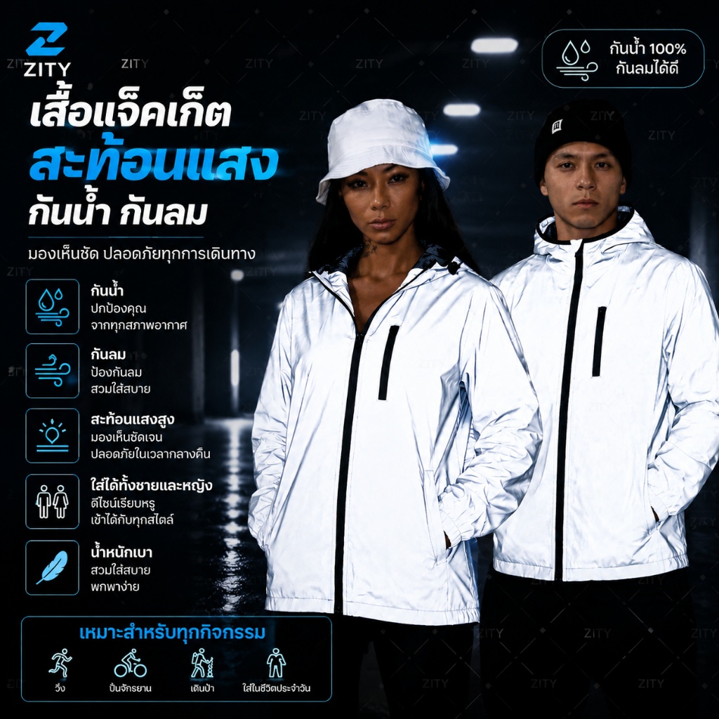เสื้อแจ็คเก็ตสะท้อนแสง ดีไซน์เรียบ กันลม กันน้ำ ขี่จักรยาน วิ่งกลางคืน เสื้อแจ็คเก็ตสะท้อนแสง สำหรับผู้ชาย ผู้หญิง
