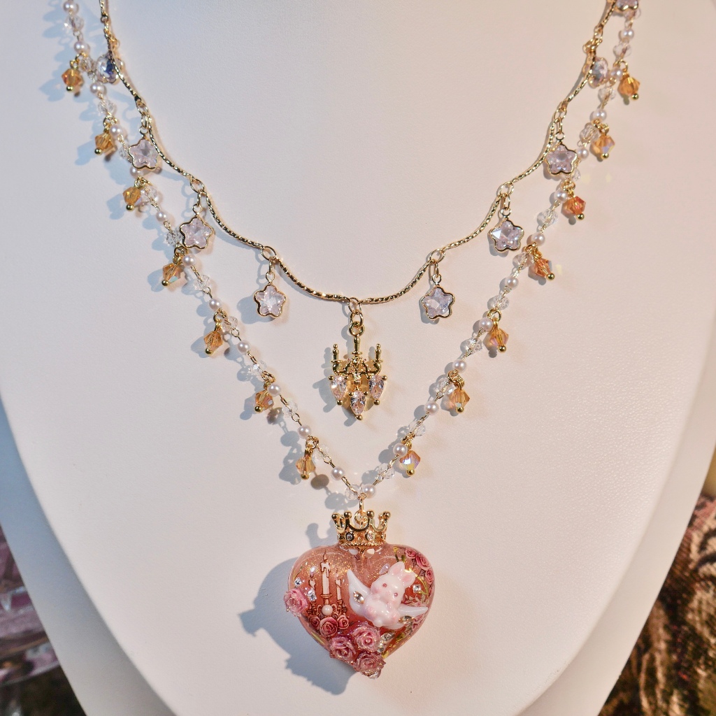 MIMEAR A772 สร้อยคอเลเยอร์หัวใจใหญ่ Candle Light 14K CZ 38.7 - 43.7 cm พร้อมกล่องชมพู