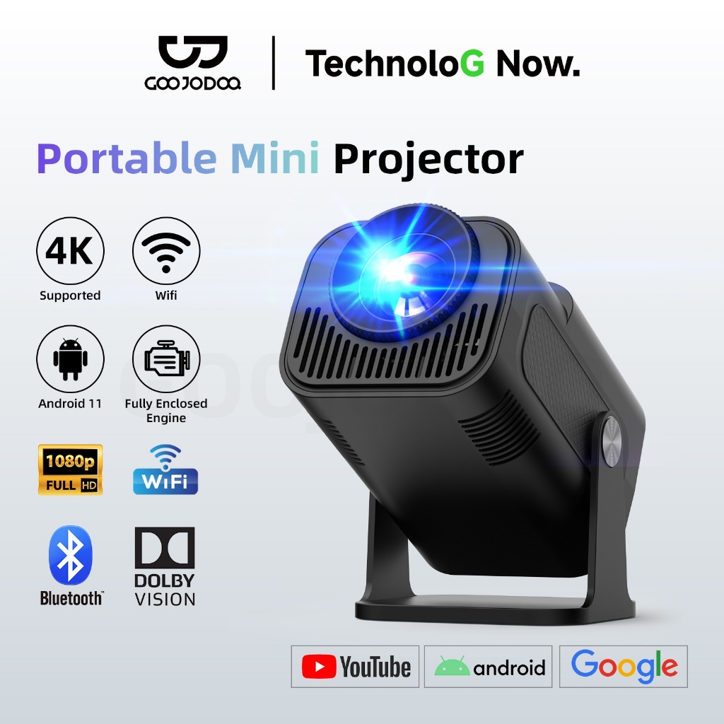 GOOJODOQ Hy320 Mini โปรเจคเตอร์  200 Ansi Projector Android 11 Gimbal 5 Mini Projector พร้อมลำโพง