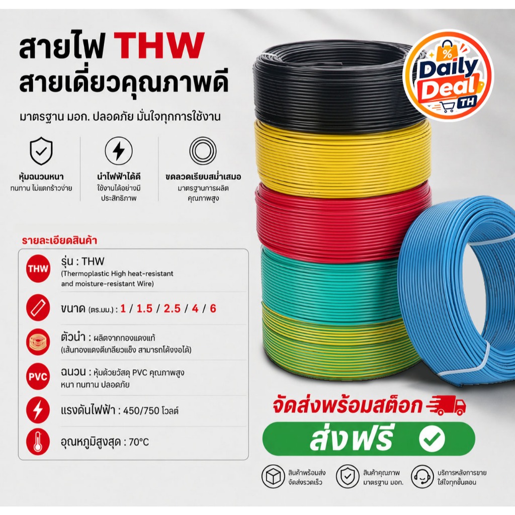 【ส่งสินค้าทันที ไม่มีค่าจัดส่ง】สายไฟ THW 1C x 1/1.5/2.5/4/6 ตารางมิลลิเมตร ความยาว 100 เมตร ได้มาตรฐาน มอก.
