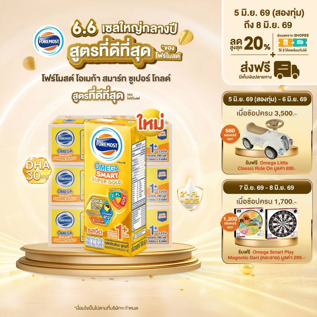 [ขายยกลังx3] โฟร์โมสต์ โอเมก้า สมาร์ท ซูเปอร์ โกลด์ 1+นมยูเอชที รสจืด 180 มล. แพ็ค 27