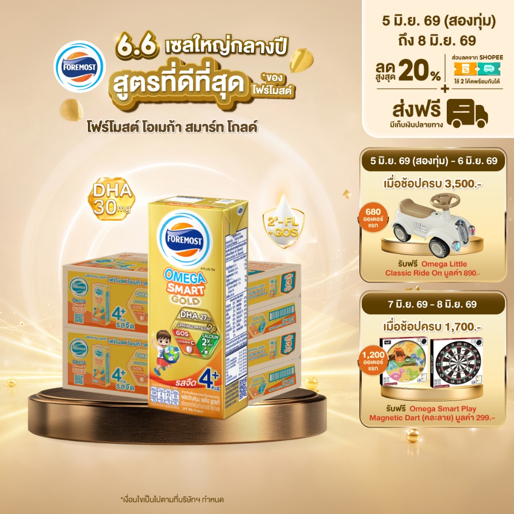 [ขายยกลังx2] โฟร์โมสต์ โอเมก้า สมาร์ท โกลด์ 4 พลัส รสจืด 180มล (24กล่อง/ลัง) Foremost Omega Smart Gold 4 Plus Plain180ml