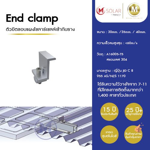 Solar End Clampตัวยึดขอบกลางแผงโซลาร์เซลล์ เข้ากับรางอะลูมิเนียม ชุบอโนไดซ์  ขนาด30มม. 35มม. 45 มม.รับประกัน15ปี