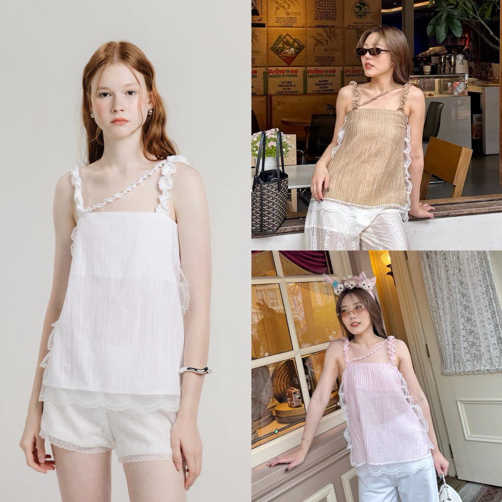 Pretzel Top *Coffee พร้อมส่ง / ชมพู พรี รอ 7 วัน* เสื้อสายเดี่ยว แต่งสายระบายและลูกไม้ ใส่สบาย