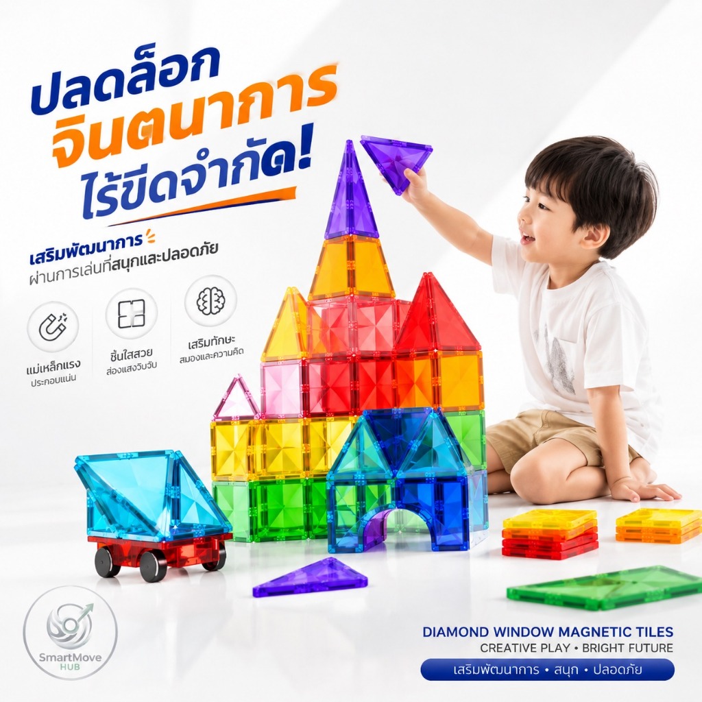รุ่นขยาย 7.5ซม แผ่นตัวต่อแม่เหล็ก Magnet Tiles บล็อกตัวต่อ 3D แรงดึงดูดสูง ของเล่นเสริมพัฒนาการ DIY 60/100ชิ้น
