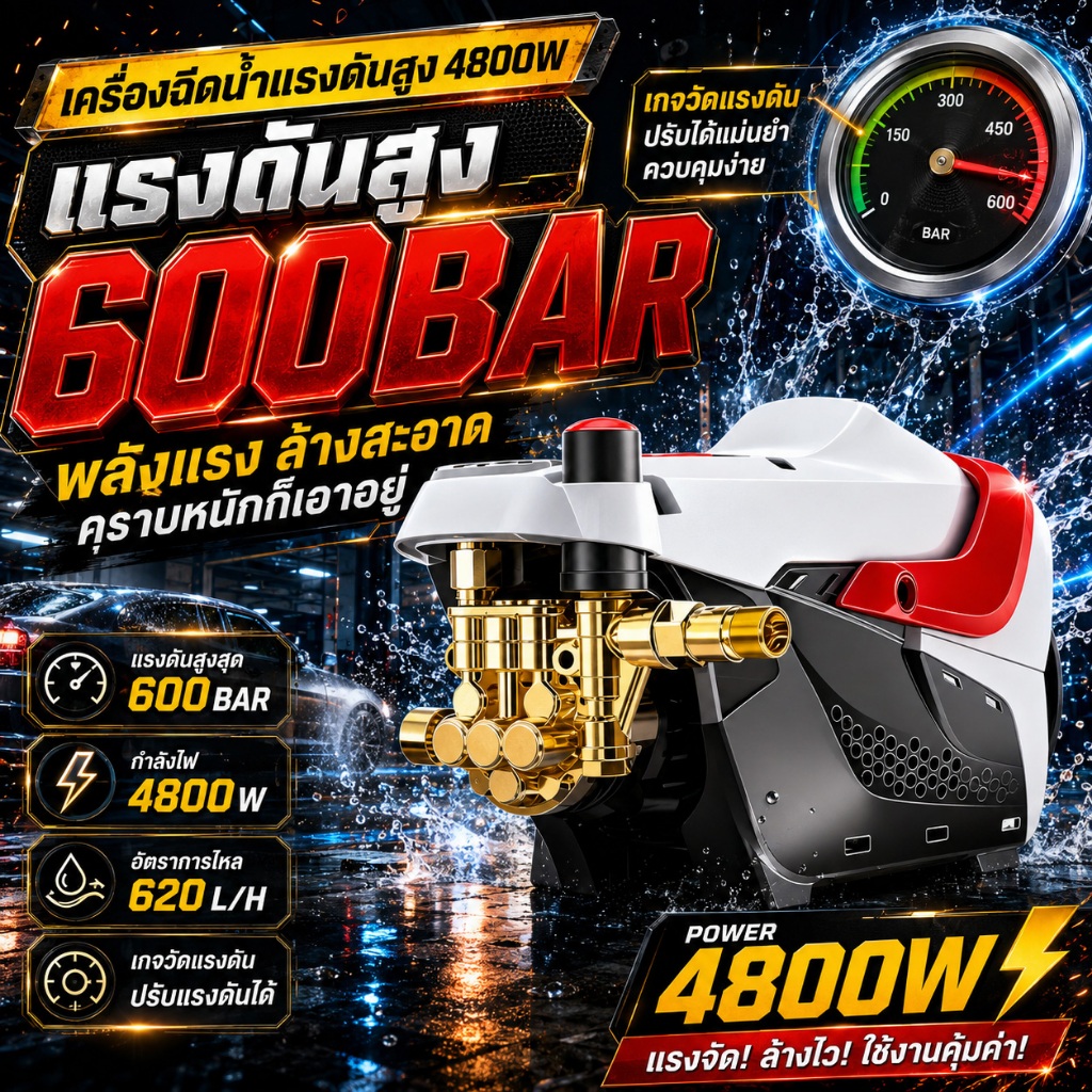 REAIM เครื่องฉีดน้ำแรงดันสูง 600 บาร์ รดน้ำ ล้างรถ เครื่องฉีดน้ำ4800 วัตต์ พร้อมอุปกรณ์ครบชุด