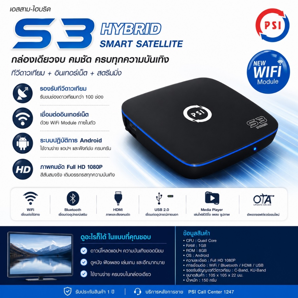 PSI S3 HYBRID (ส่งเร็ว ส่งไว ค่าส่งถูก) กล่องรับสัญญาณดาวเทียม และ WiFi