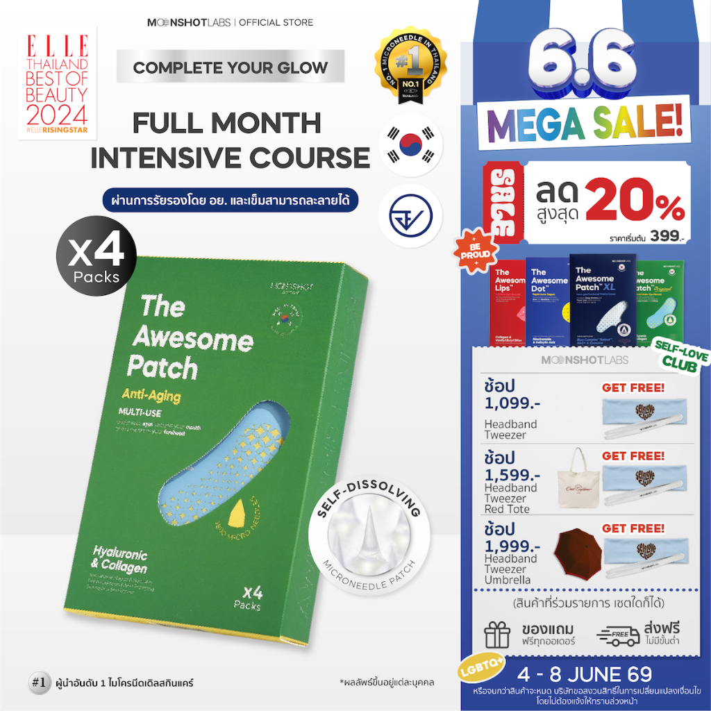 [4 Packs]  The Awesome Patch – กู้รอยคล้ำใต้ตาแบบเร่งด่วน มาร์กเข็มลดริ้วรอย ไมโครนีดเดิล 1,800 เข็ม | By Moonshot Labs