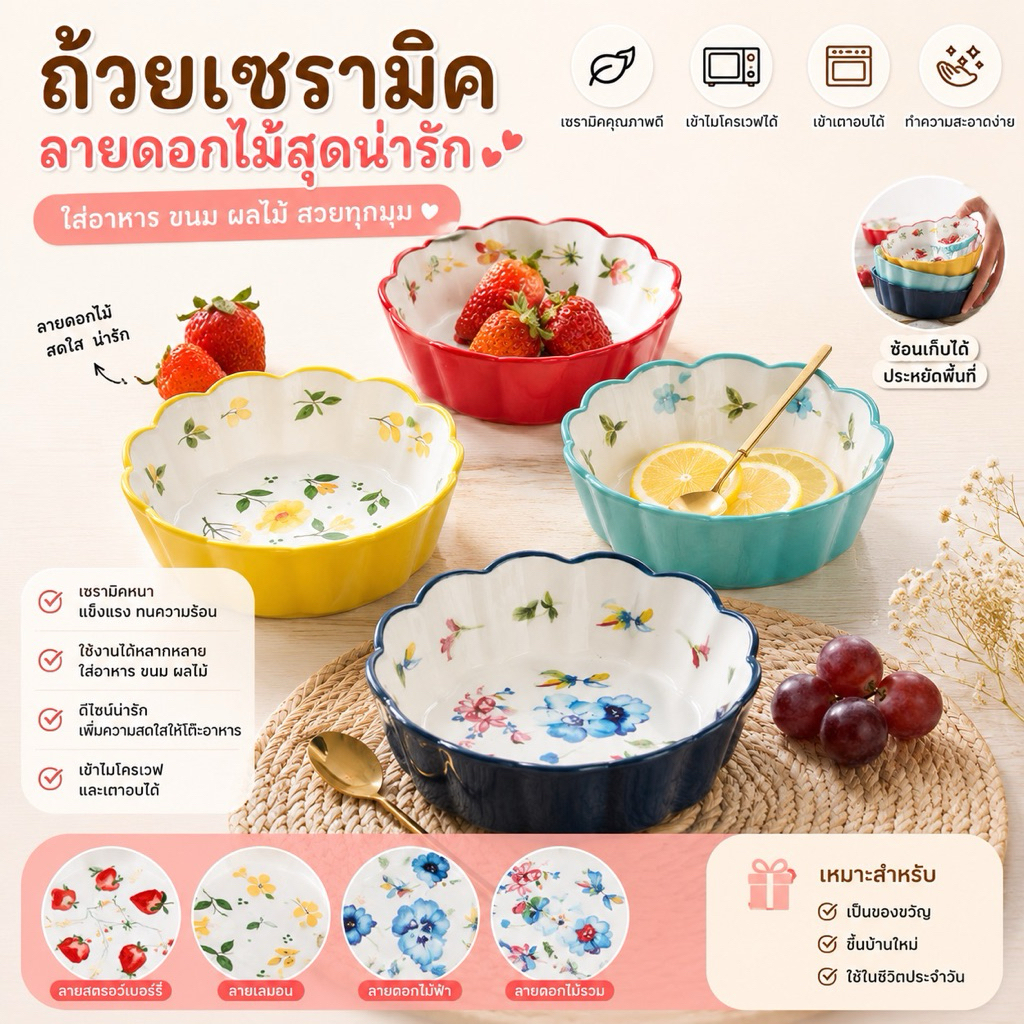 ชามเซรามิคปากหยักสไตล์ญี่ปุ่น ชามซีเรียลชามของหวาน. สินค้าพร้อมส่ง