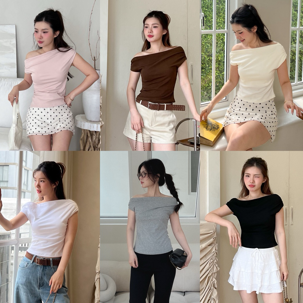 SHOP.POPO-Bonnie top เสื้อปาดไหล่เย็บย่นช่วงแขน
