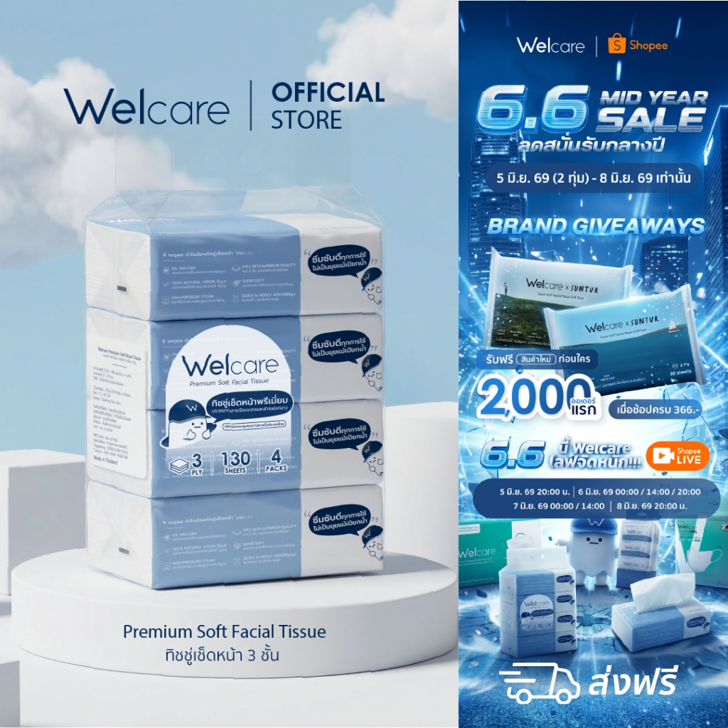 [ล็อตใหม่!][Official] Welcare Premium Soft Facial Tissue ทิชชู่เช็ดหน้าพรีเมียมผลิตไทย 1,560 แผ่น/หิ้ว หนา นุ่ม