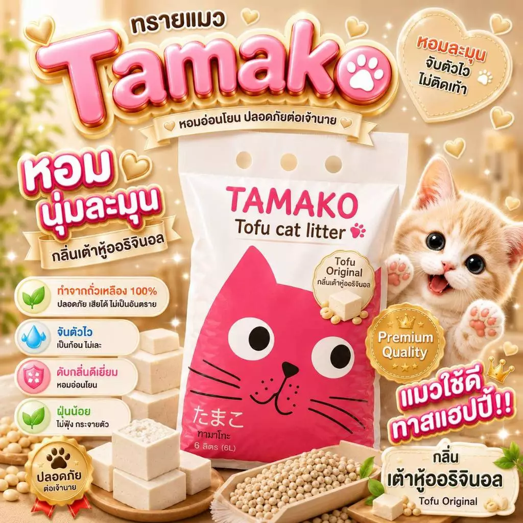 ทรายเต้าหู้ Tamako 6L ทิ้งชักโครกได้ ทรายออร์แกนิค ทรายแมวย่อยสลายง่ายเป็นมิตรกับสิ่งแวดล้อม