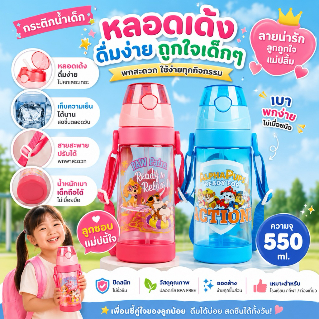 พร้อมส่ง กระติกน้ำ ขวดน้ำ Paw Patrol กระติกน้ำหลอดเด้ง รุ่นใหม่ล่าสุด มาพร้อมสายสะพาย