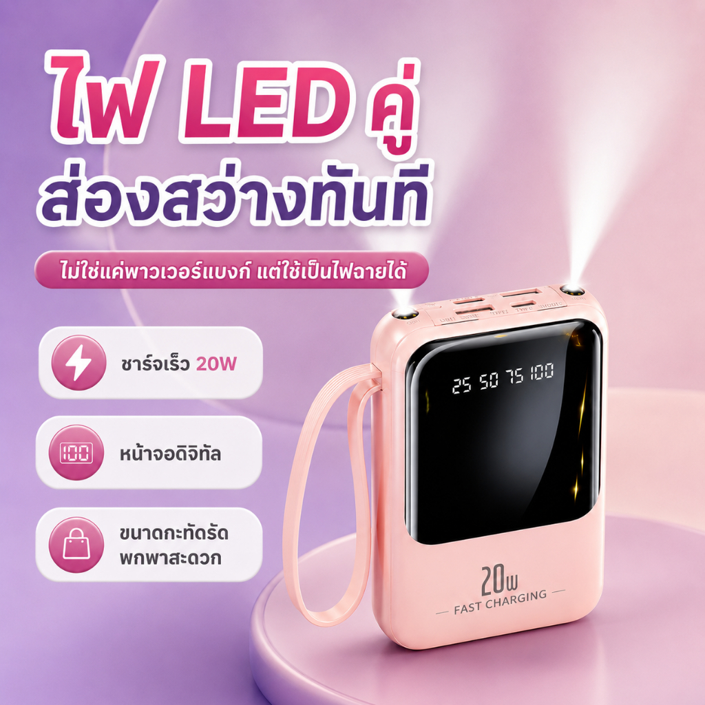 พาวเวอร์แบงก์ 20000mAh ของใหม่ปี2026 ชาร์จเร็ว20W สายในตัว4เ