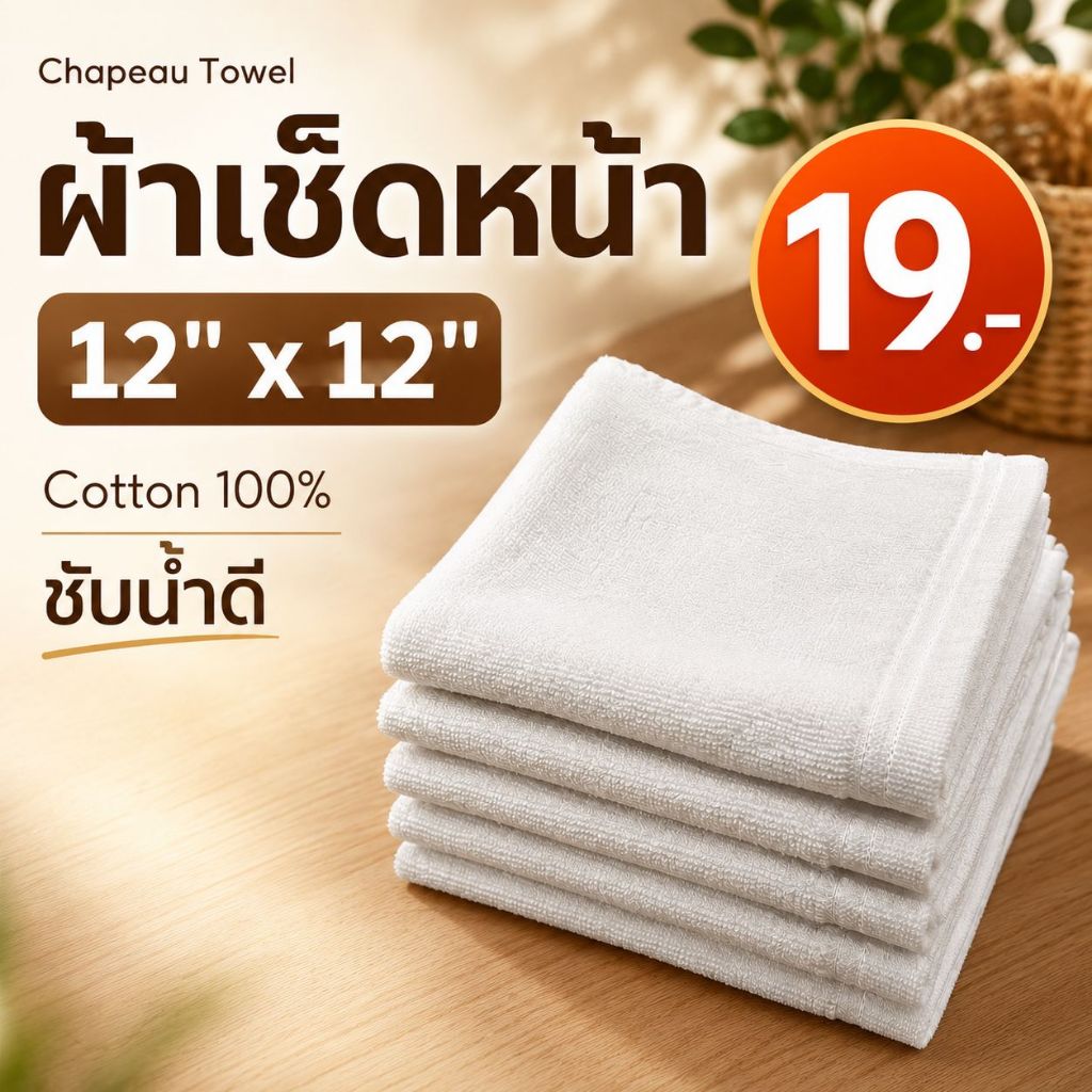 ผ้าขนหนูเช็ดหน้า (12"x12") เกรดโรงแรม 5 ดาว Cotton 100% ทอด้ายคู่ หนาพิเศษ นุ่มฟู ซับน้ำดีเยี่ยม