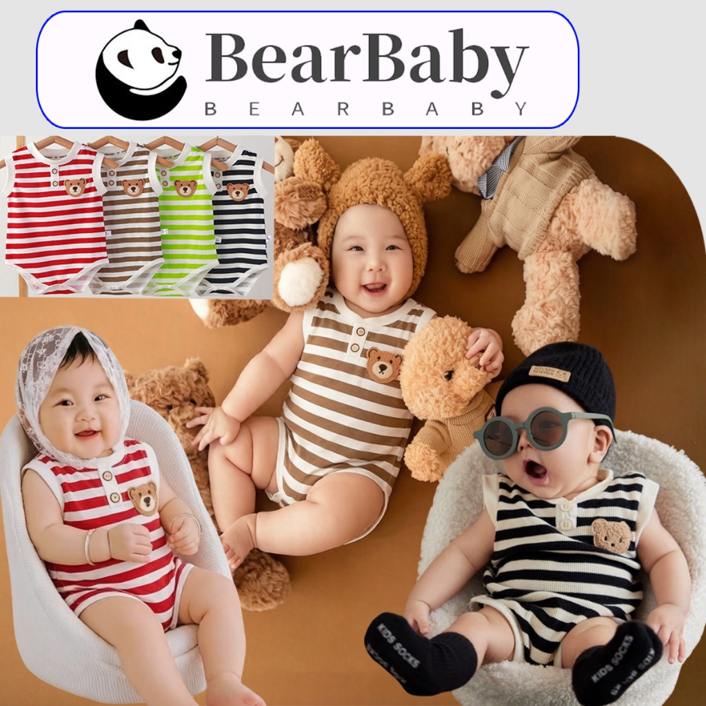 BEAR BABY ชุดรอมเปอร์เด็ก บอดี้สูทเด็กแขนกุด ลายทาง นุ่มสบาย ไซส์59-90 มีหลายสีให้เลือก