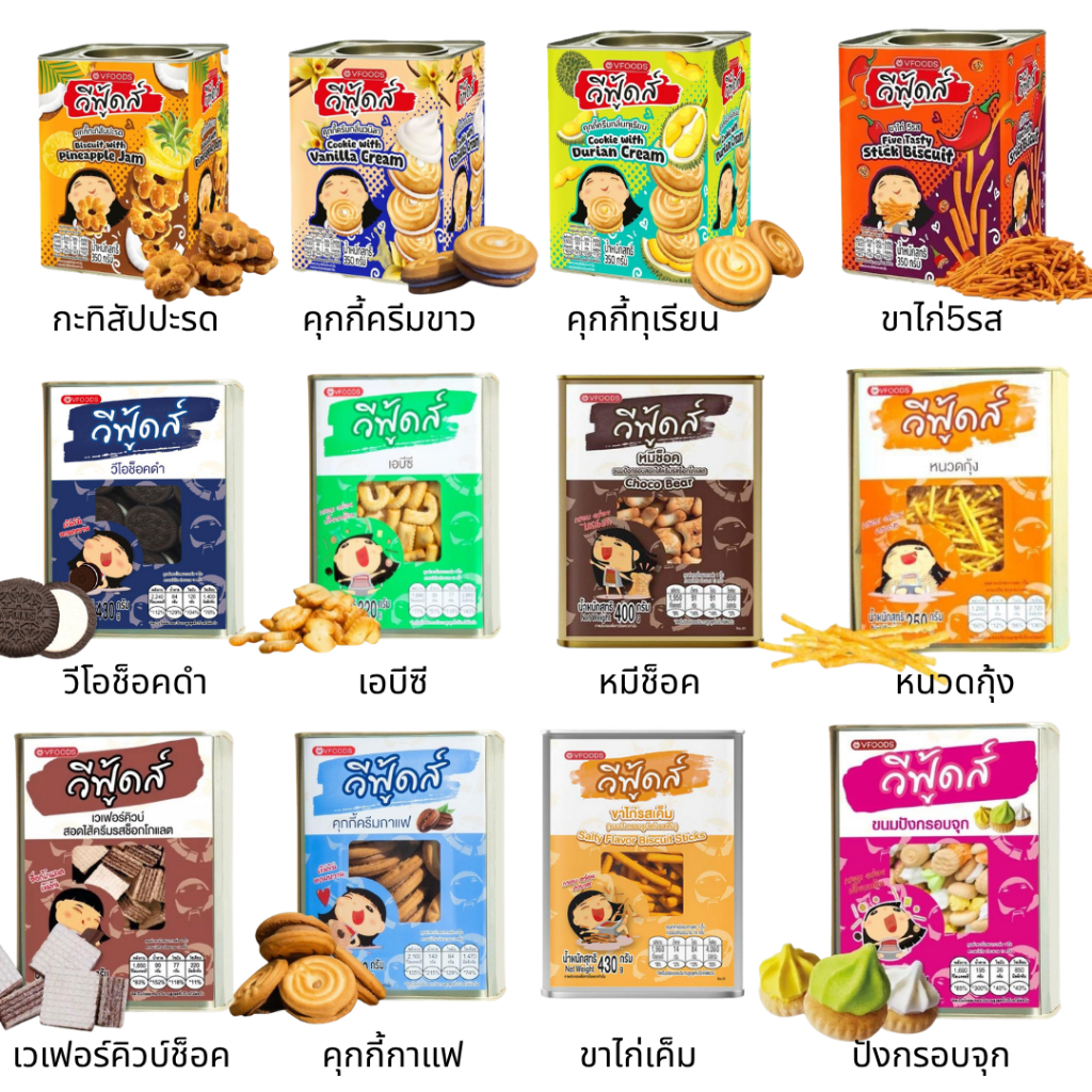 Vfoods วีฟู้ดส์ ขนมปี๊ปจิ๋ว เหล็ก 350 กรัม เก็บได้นานกรอบ กะทิสัปปะรด ขาไก่ 5 รส ทุเรียน วนิลา