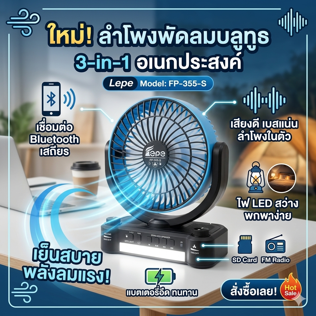 ลำโพงบลูธูท พร้อมพัดลมปรับระดับ รุ่น FP-355 S ฟังวิทยุ FM/AM/SW  Bluetooth USB Tfcard ไฟฉาย LED