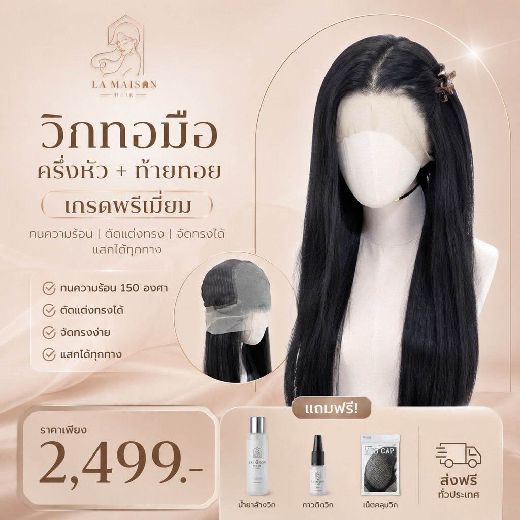 วิกทอมือครึ่งหัว+ท้ายทอย มัด เกล้า เปีย รวบ ได้ทุกอย่าง เกรดพรีเมี่ยม วัสดุไหมสังเคราะห์A+