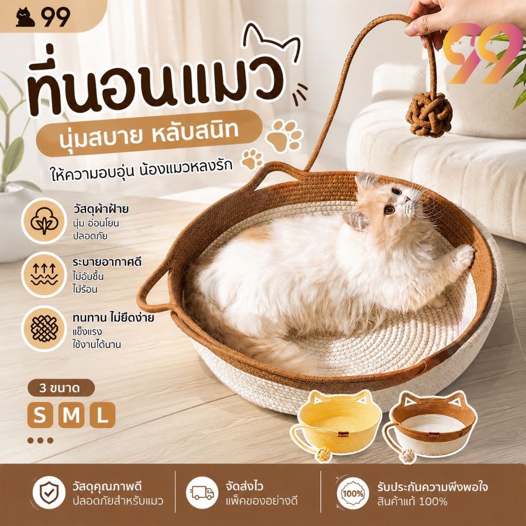 ที่นอนแมว เบาะแมวถักนุ่ม ระบายอากาศดี เบาะนอนแมวซักได้ ขนาด S M L ที่นอนสัตว์เลี้ยง ดีไซน์น่ารัก สำหรับแมวทุกสายพันธุ์