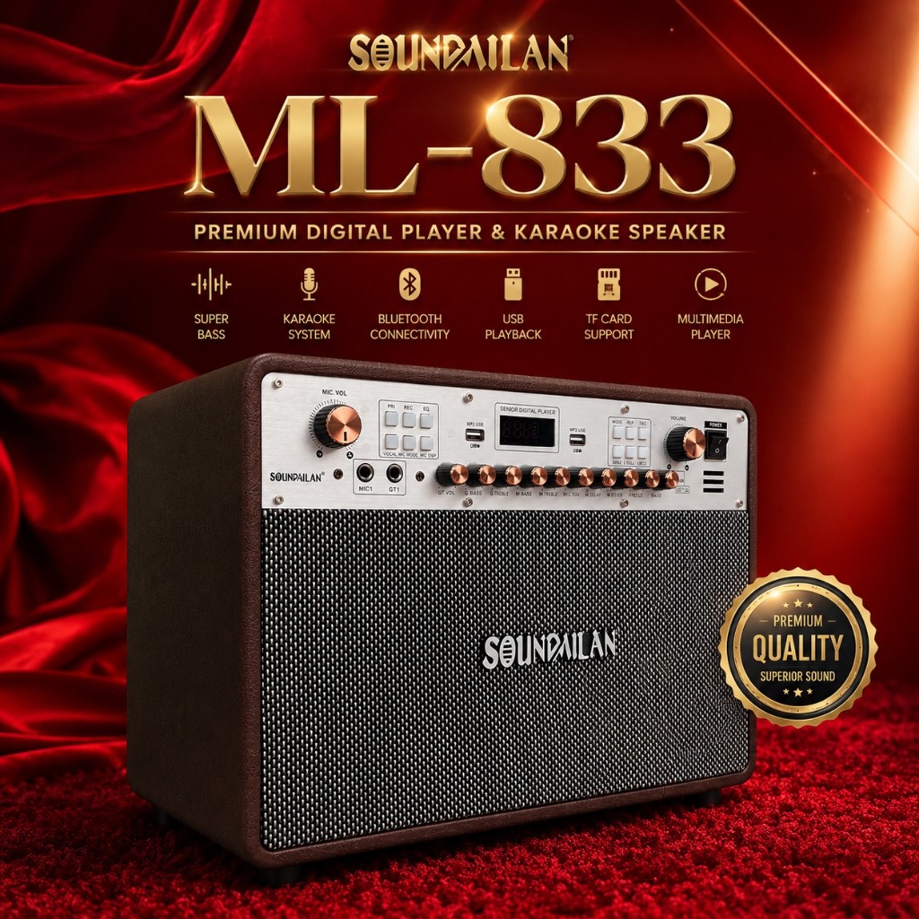 SOUNDMILAN ML-833 ลำโพงคาราโอเกะ Bluetooth พร้อมไมค์ลอยคู่ แบตเตอรี่ในตัว รองรับ USB/AUX/TWS เสียงดัง เบสแน่น พกพาสะดวก