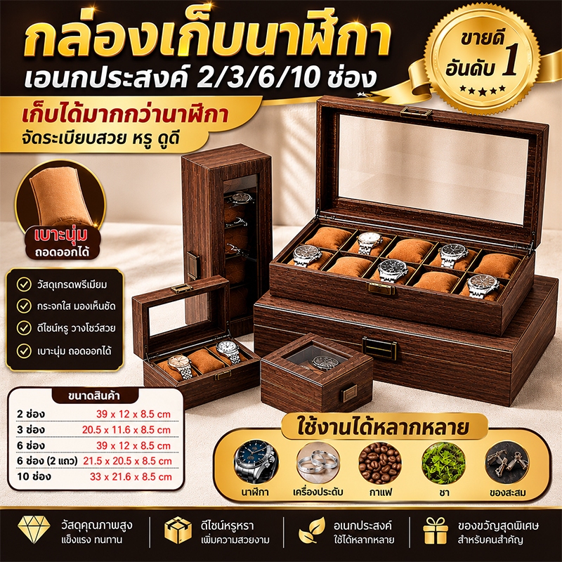 กล่องใส่นาฬิกา 2/3/6/10 กล่องเก็บนาฬิกาไม้ลายวอลนัทหรู มีฝากระจกกันฝุ่น กล่องเครื่องประดับ